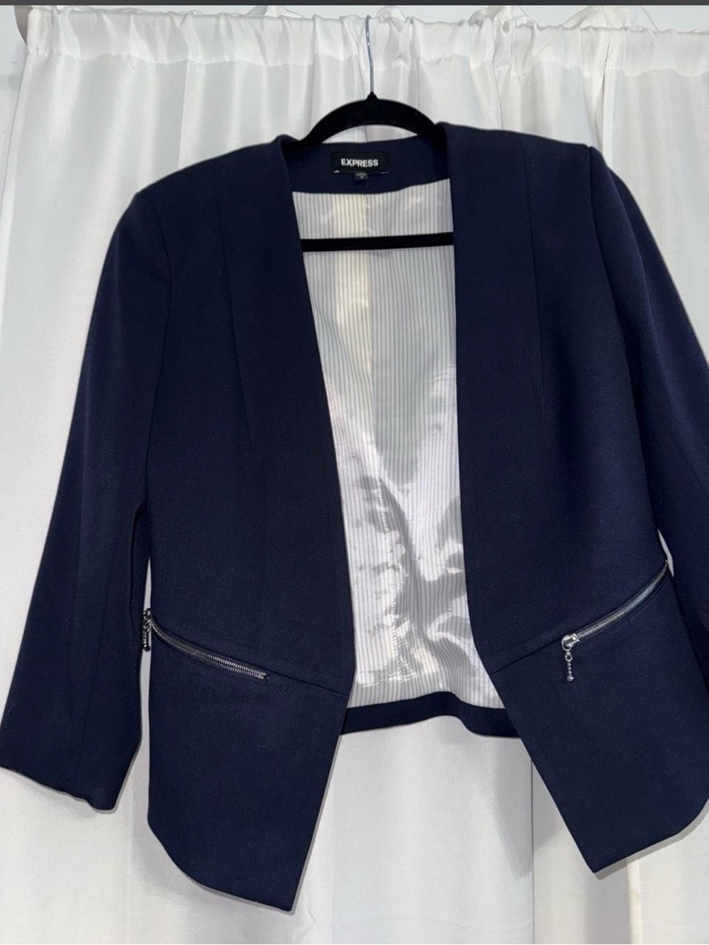 Express Navy Blue Blazer, 3/4 sleeve with zipper pockets